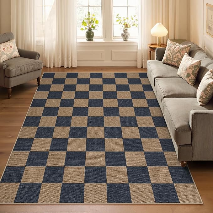 Lahome Colette Checkered Easy Jute Living Room Rugs, 5x7 Dining Room Office Rug Farmhouse Outdoor Patio Carpet, Checkerboard Washable Non Slip Indoor Outdoor Blue Carpet for Backyard Entry Deck