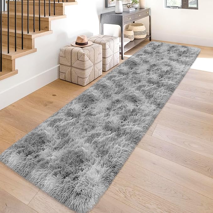 Super Soft Fluffy Living Room Area Rug 2x10 ft Tie-Dyed Light Grey Shaggy Furry Carpet Washable Non-Slip Floor Rugs Bedroom Bedside Nursery Rug Fuzzy Boys Girls Dorm Home Decor Aesthetic