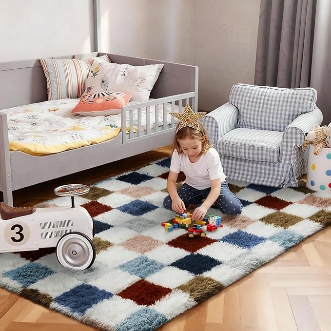 Ophanie Checkered Rainbow Rug for Living Room Bedroom,Colorful Fluffy Soft Cute Fuzzy Area Rugs, Shag Plush Shaggy Bedside Floor 4x6 Furry Carpet for Kids Baby Teen Dorm Nursery Home Decor Aesthetic
