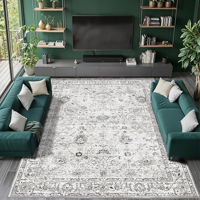Floral Washable 6x9 Area Rugs, Soft Grey White Bedroom Rug for Living Room Ultra-Thin Non Slip Dining Room Rug, Stain Resistant Rugs Easy Clean Throw Carpet for Office(6 x 9, Grey White)