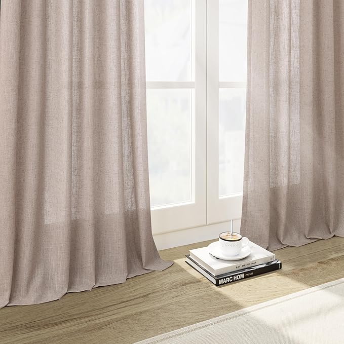 Extra Long Curtain 108 Inches Long 2 Panels Set Back Tab Oatmeal Linen Drapes for Living Room Neutral Farmhouse Light Filtering Semi Sheer Linen Curtains 108 Inch Length for Large Window 9 FT Tall