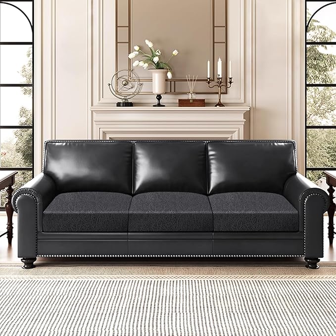 Leather Look Couch Cushion Covers Sofa Seat Slipcovers Sets Couches Furniture Protector for Sectional Armchair Loveseat Pets Kids Stretch Spandex Fabric (3 Cushion Sofa, Dark Grey)