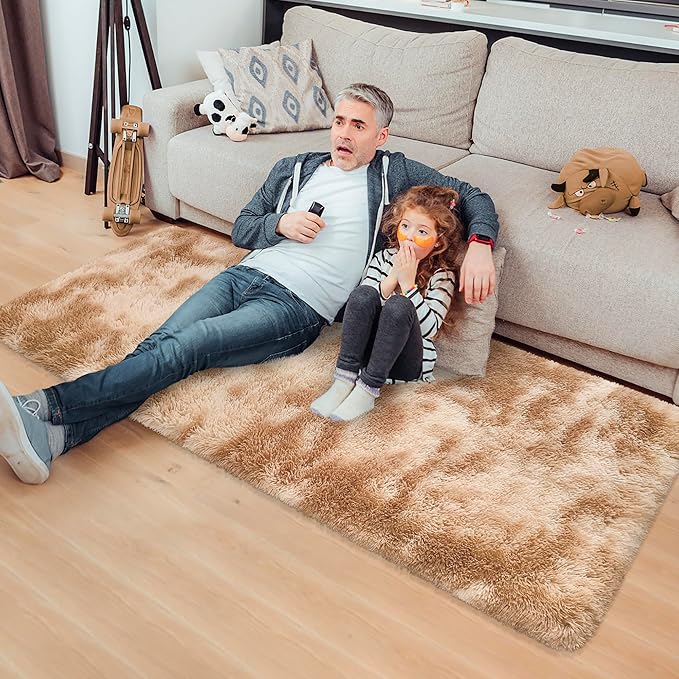 Super Soft Fluffy Living Room Area Rugs 2x5 ft Tie-Dyed Beige Shaggy Furry Carpet Washable Non-Slip Floor Rug Bedroom Bedside Nursery Rug Fuzzy Girls Boy Reduce Noise Dorm Home Decor