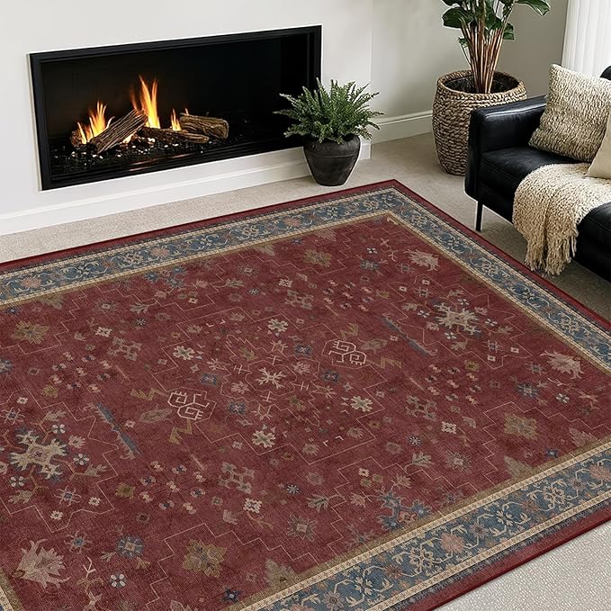 5x7 Boho Dark Red Rug for Living Room - Vintage Oriental Revival Low-Pile Carpet for Bedroom, Dining Table, Home Office, Machine Washable Area Rug Non-Slip with Rubber Back