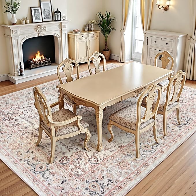Lofus 8x10 Area Rugs for Living Room, Washable Area Rug, Rugs for Bedroom, Kitchen, Vintage Boho Carpet, Soft Non-Slip, Low Pile Large Area Rug for Office Dining Room, Pink