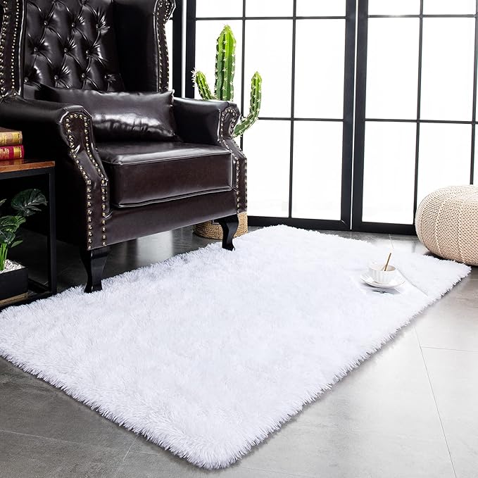 TWINNIS Super Soft Shaggy Rugs Fluffy Carpets, 5x8 Feet, Indoor Modern Plush Area Rugs for Living Room Bedroom Kids Room Nursery Home Decor, Upgrade Anti-Skid Rectangular Fuzzy Rug, White