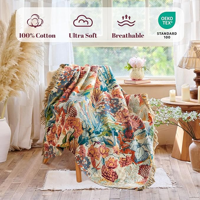 MSGKV Boho Throw Blanket for Bed Couch 100% Cotton Blanket 60"x80" Spring Breathable Farmhouse Lightweight Muslin Blankets Home Decor