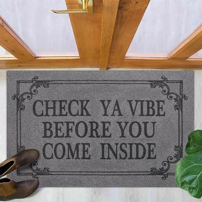 Indoor Door Mat Welcome Mats for Front Door Outdoor, 36" x 24" Check Ya Vibe Before You Come Inside This House Doormat, Non Slip Rubber Farmhouse Mats Light Gray