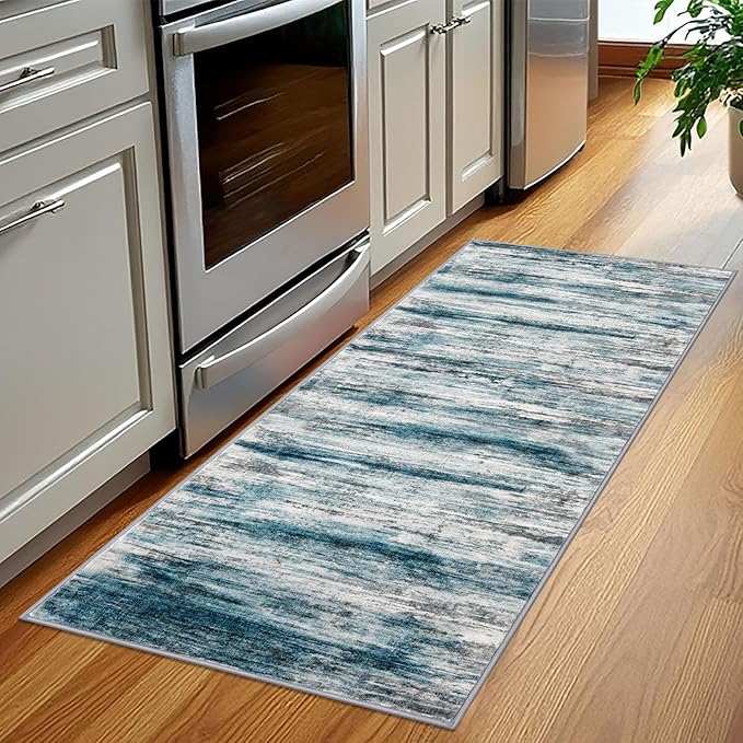 KOZYFLY Modern Abstract Hallway Runner Rug, 2x5 Washable Rug Runner Non-Slip Soft Striped Kitchen Runner Rugs, Print Blue Carpet Runner for Entryway Bathroom Laundry Room Foyer