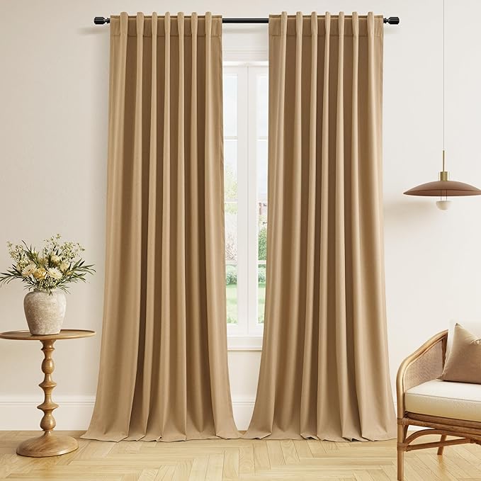Guken 100% Blackout Linen Curtains 120 Inch Length 2 Panels Set for Living Room Bedroom Back Tab Thermal Insulated Black Out Linen Drapes Room Darkening Window Curtains,Camel Brown