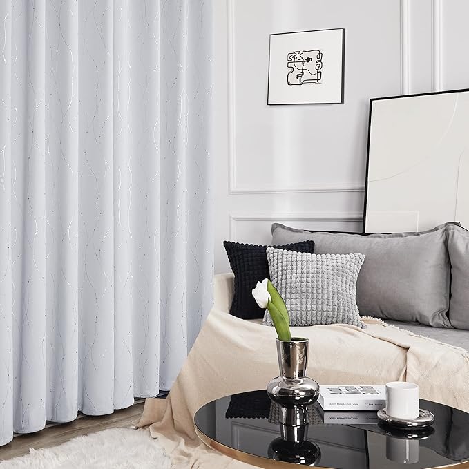 Deconovo Room Darkening Curtains for Living Room, Thermal Insulated Noise‑Reducing Drapes, Wave Dots Foil Print, 52 x 84 Inch Length, 2 Panels, Machine‑Washable Privacy Window Curtain for Bedroom