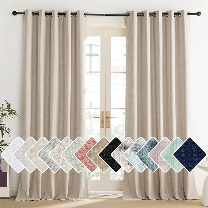 NICETOWN Cream 100% Blackout Linen Curtains 120 inch Long Burg for Living Room, 1 Pair, 62" Width Each Panel, Farmhouse Thick Completely Blackout Window Treatment Thermal Insulated Drapes