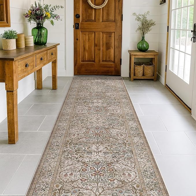 Moss Green 2'6" x 10' Long Runners for Hallways Non Slip, Vintage Washable Rugs for Kitchen, Entryway Stain Resistant with Rubber Backing - Vintage Taupe Brown Floral Décor