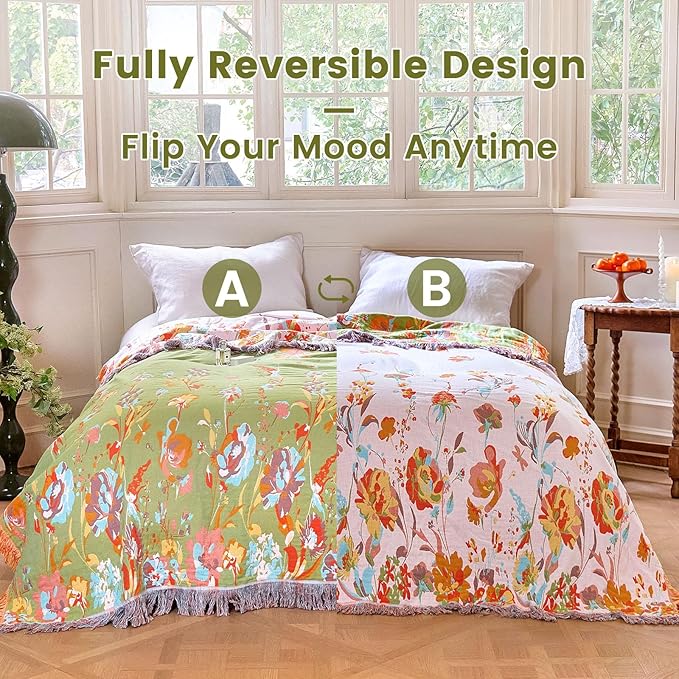 MSGKV Boho Throw Blanket 60"x80" Floral 100% Cotton Blanket with Flower and Butterfly for Bed Couch Spring Breathable Lightweight Farmhouse Twin Blankets Home Decor Muslin