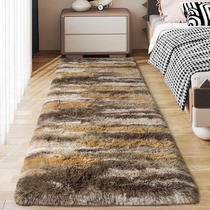 Soft Runner Rugs for Bedroom Hallways, 2x6 Abstract Brown Fluffy Shag Throw Area Rug Non Slip for Bedside Dorm, Long Shaggy Furry Carpet for Nursery Living Room