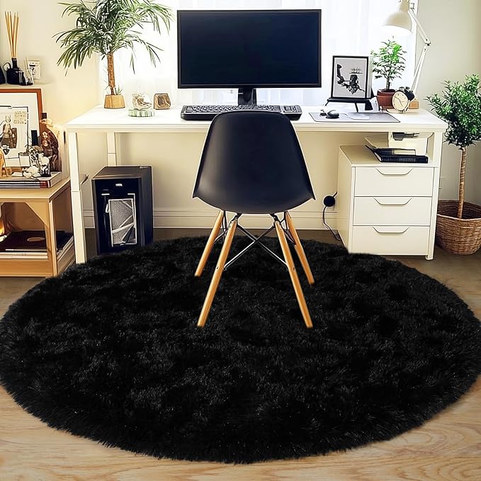 5'x5' Black Round Rug for Bedroom, Ultra Soft Fluffy Circle Rug for Kids Girls Boys Room, Cute Shag Rugs for Living Room Playroom Teen Room Home Decor Rug