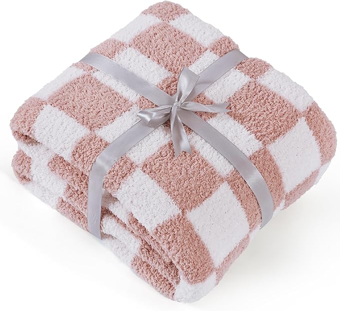 Bedsure GentleSoft Pink Checkered Throw Blanket for Couch - Soft Cozy Fluffy Blanket, Lightweight Warm Knit All Season Plaid Blankets for Bed Sofa, Birthday, for Women, 50x60 Inches