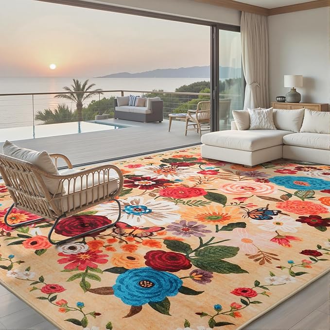 Area Rugs 10x14 Living Room, Non Slip Machine Washable Floral Rugs, Low Pile Lightweight Large Rug for Bedroom, Dining Room, Home Office(10 x 14, Yellow Garden)
