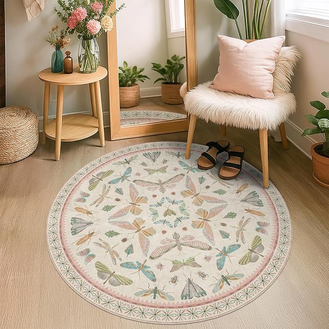 Boho Light Pink Round Rugs for Kids Bedroom - 4 ft Unique Circle Area Rugs for Baby Nursery, Washable Low Pile & Soft Cute Throw Rugs for Living Room, Playroom, Reading Corner, Fun Insect Décor