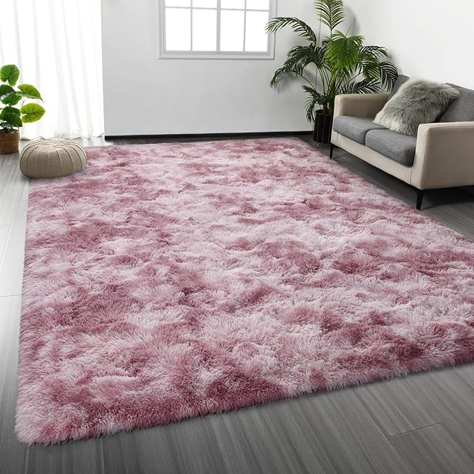 Deerhoo Large Shag Area Rugs 6 x 9, Tie-Dyed Plush Fuzzy Rugs for Living Room, Ultra Soft Fluffy Furry Rug for Bedroom, Indoor Carpet Nursery Rugs for Kids Room Home Decor, Pink Purple