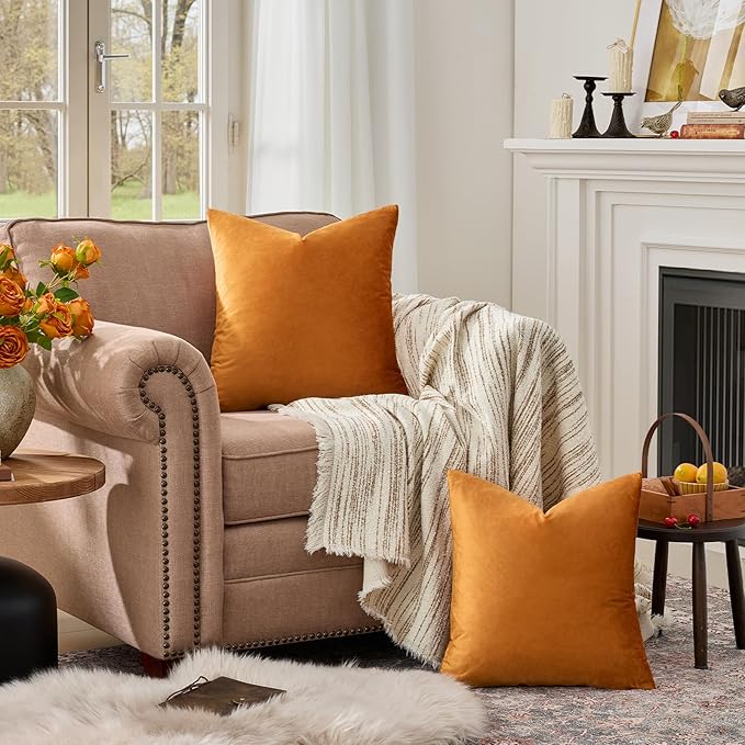 GIGIZAZA Decorative Throw Pillow Covers for Sofa,Cinnamon Orange 18x18 Velvet Bed 2 Pack Soft Cushion Cover