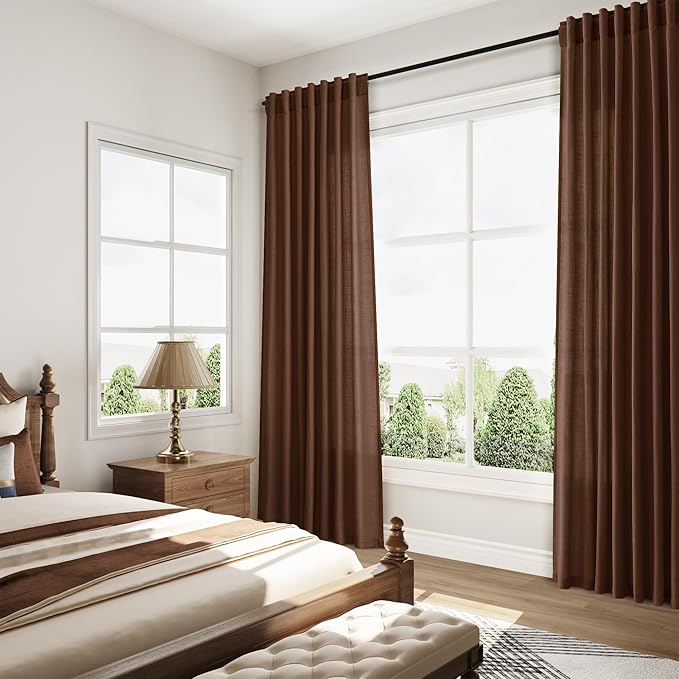 Nanspring Linen Curtains 108 Inches for Living Room Bedroom Set Mocha Brown Extra Long Back Tab Curtain Light Filtering Sheer Drapes Floor to Ceiling Curtain for Large Windows 52x108, 2 Panels