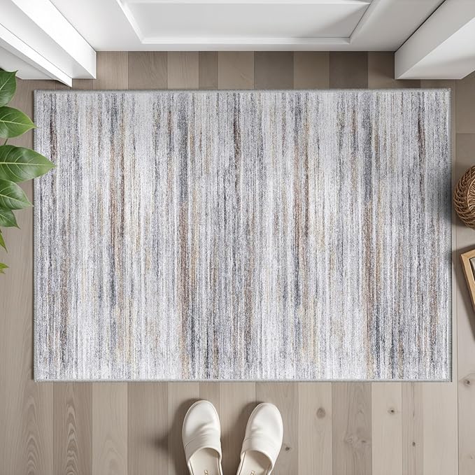 2x3 Small Washable Area Rug: Non-Slip Indoor Door Mat for Entrance Doorway Kitchen Bedroom Living Room - Abstract Farmhouse Throw Rug for Modern Home Decor Beige Grey