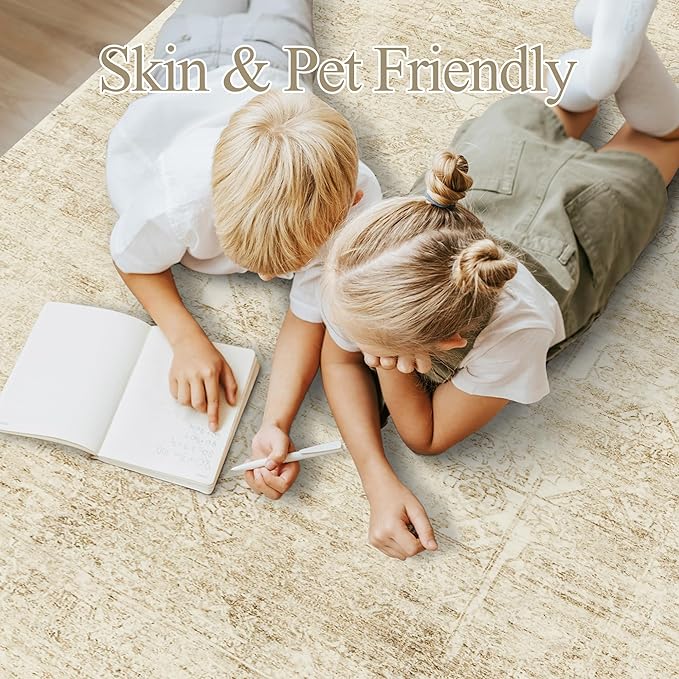 Soalmost Washable Area Rug 8x10, Large Soft Rugs for Living Room Vintage Beige 8x10 Area Rugs for Bedroom Dining Room Floral Non-Slip Thin Rug