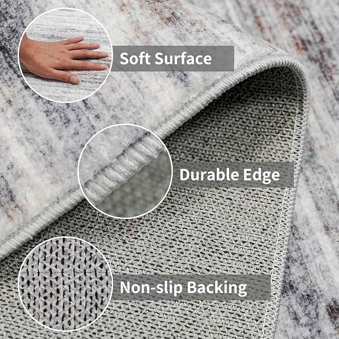 2'6''x10' Washable Runner Rugs for Hallway: Easy-to-Clean Abstract Runners for Entryway Bedroom - Stain and Water Resistant Rugs with Non-Slip Backing - Soft Low-Pile Carpet Beige Grey