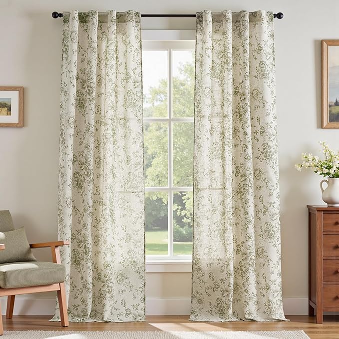 jinchan Linen Floral Curtains 96 Inch Length for Living Room Bedroom Light Filtering Farmhouse Peony Flower Drapes Rustic Window Curtain Set Rod Pocket Back Tab 2 Panels Green