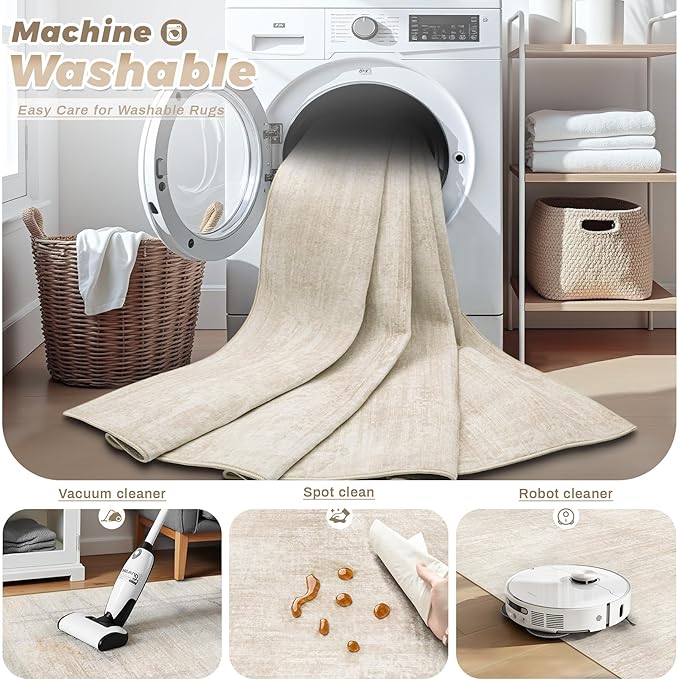 Area Rugs 6x9 for Living Room: Washable Rug Modern Abstract Neutral Soft Non-Slip Low-Pile Indoor Carpet for Bedroom Dining Room Playroom Home Office (Beige, 6'x9')