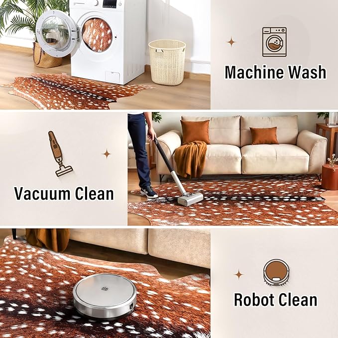 AROGAN Premium Deer Print Rug 5.2x6.2 Feet, Machine Washable Faux Fur Rug, Non-Slip Animal Print Hide Deer Skin Area Rug for Bedroom Living Room Home Decor