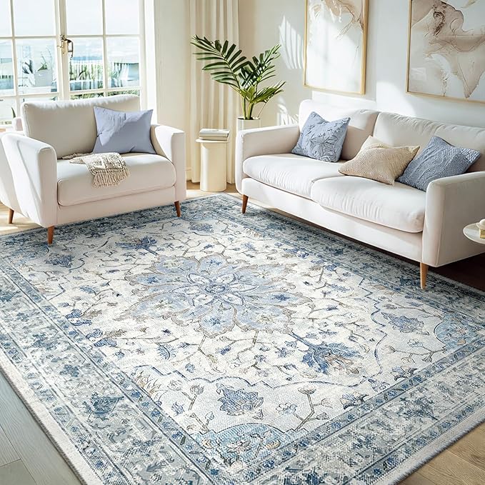 Area Rugs 5'x7' Washable Non-Slip, Floral Vintage Distress Print Pattern Medallion Carpet for Living Room Bedroom Dining Room, Light Blue Navy Beige Gray White