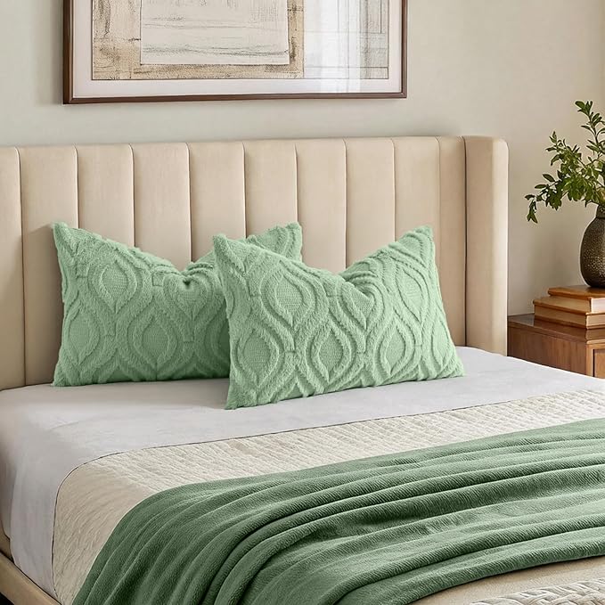 decorUhome Throw Pillow Covers 12x20 Inch Set of 2, Soft Plush Faux Wool Sage Green Solid Couch Pillow Covers, Accent Farmhouse Neutral Rectangle Pillow Cases for Sofa Bed Living Room