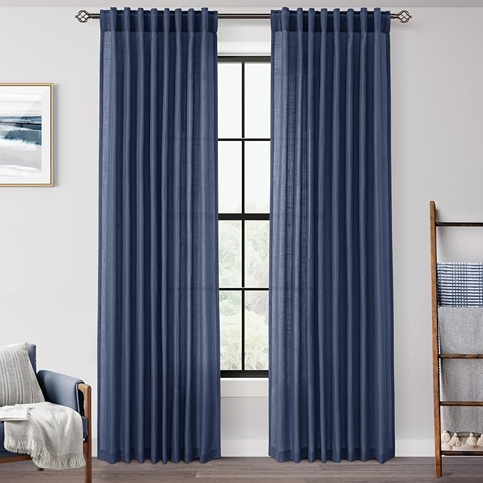 Navy Blue Curtains 84 inch Length for Bedroom Back Tab Light Filtering Semi Sheer Blue Living Room Curtains Linen Cotton Textured Indigo Blue Drapery Panel Modern Aesthetic Decor 60" Wx84 L