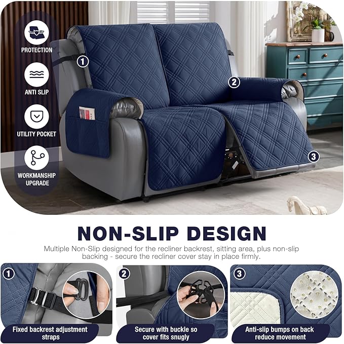 TAOCOCO 100% Waterproof Loveseat Recliner Cover, Non Slip Split Loveseat Covers for Reclining Loveseat with Elastic Straps, Washable Recliner Chair/Furniture Protector for Pets(2 Seater, Navy Blue)