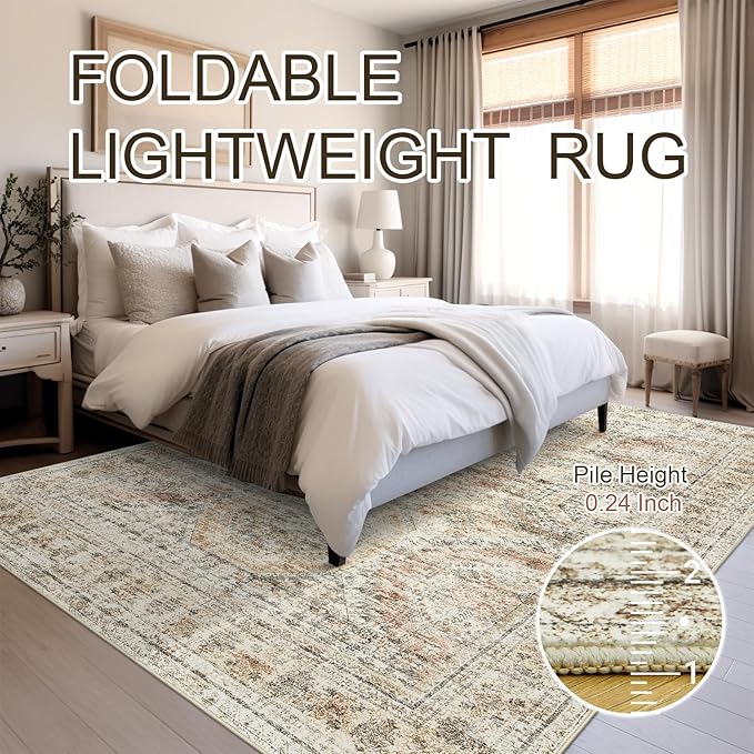 Soalmost 5x7 Area Rugs Brown Pink Low Pile Indoor Washable Trendy Faded Style Rugs for Bedroom Living Room Dining Room Foldable Non-Slip Thin Print Mat