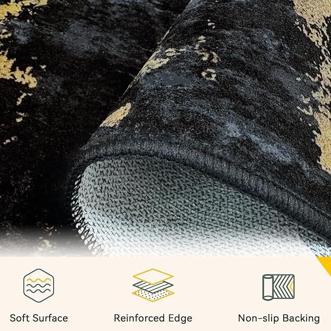 Washable Area Rugs Square 9ft Non-Slip Modern Abstract Soft for Living Room Entryway Bedroom Nursery, Print Pattern, Dark Black Gold