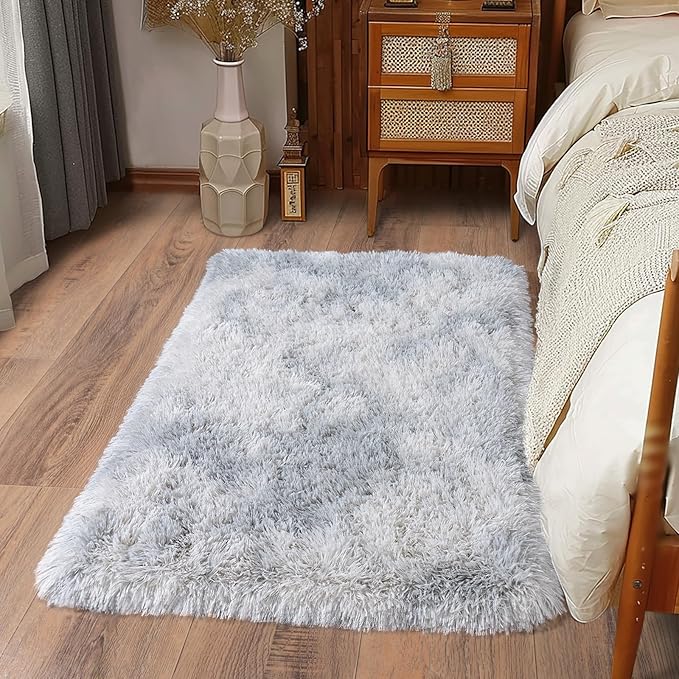 Ultra Soft Runner Rugs for Bedroom Hallways with Upgraded Non-Slip Rubber Backing & Thick Memory Sponge, 2x3 Feet Fluffy Shag Throw Area Rug for Bedside Dorm Tie-dye Light Grey
