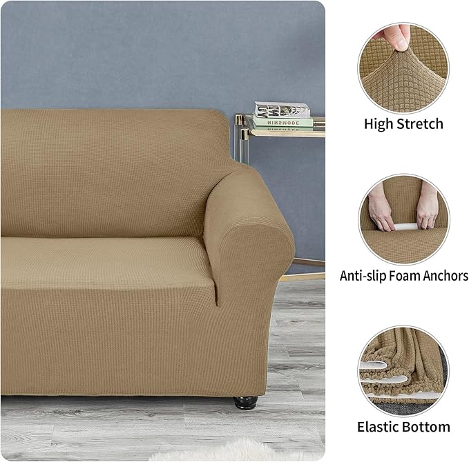 Joccun Stretch Couch Cover Slipcovers, 1-Piece Sofa Covers for 3 Cushion Couch Spandex Jacquard Washable Furniture Protector Cover for Living Room,Kids,Pets(Sofa,Tan)