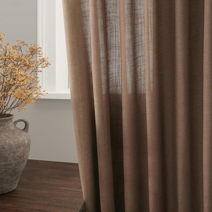 Nanspring Caramel Brown Linen Curtains for Living Room 92 Inches Long Back Tab Light Filtering Semi Sheer Vintage Rustic Curtain Luxury Boho Decor Drapes for Bedroom Office 52x92, 2 Panels
