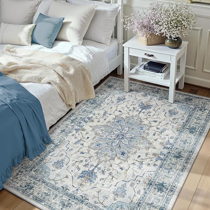 Area Rugs 3'x5' Washable Non-Slip, Floral Vintage Distress Print Pattern Medallion Carpet for Living Room Bedroom Dining Room, Light Blue Navy Beige Gray White