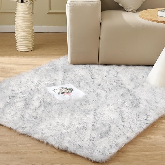 ORINOVA White and Grey Faux Shaggy Fur Rug for Living Room Plush Washable Sheepskin Fur Area Rugs 3x5 Nursery Rug