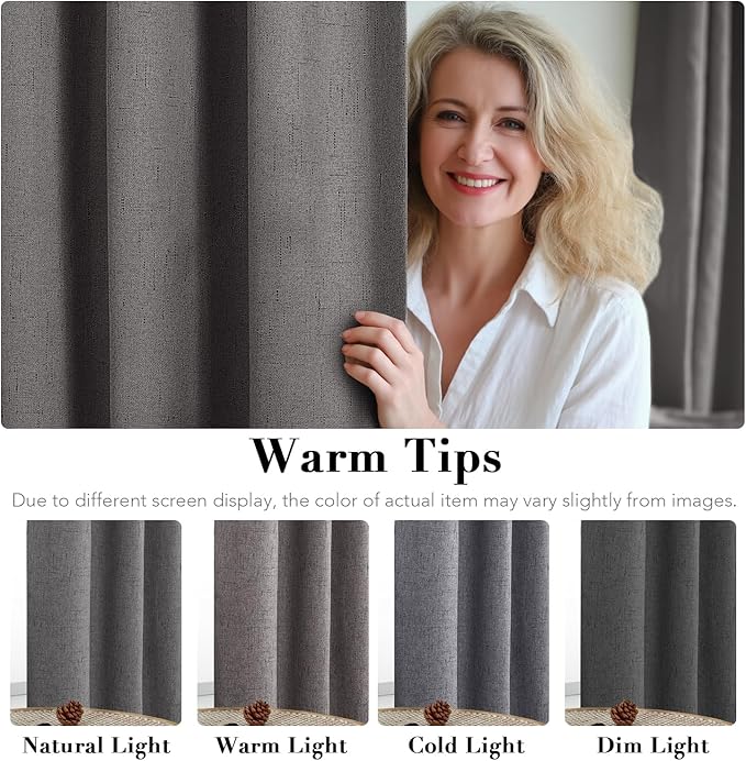 H.VERSAILTEX Linen Blackout Curtains 54 Inches Long 100% Absolutely Blackout Thermal Insulated Textured Linen Look Curtain Draperies Anti-Rust Grommet, Energy Saving with White Liner, 2 Panels, Grey