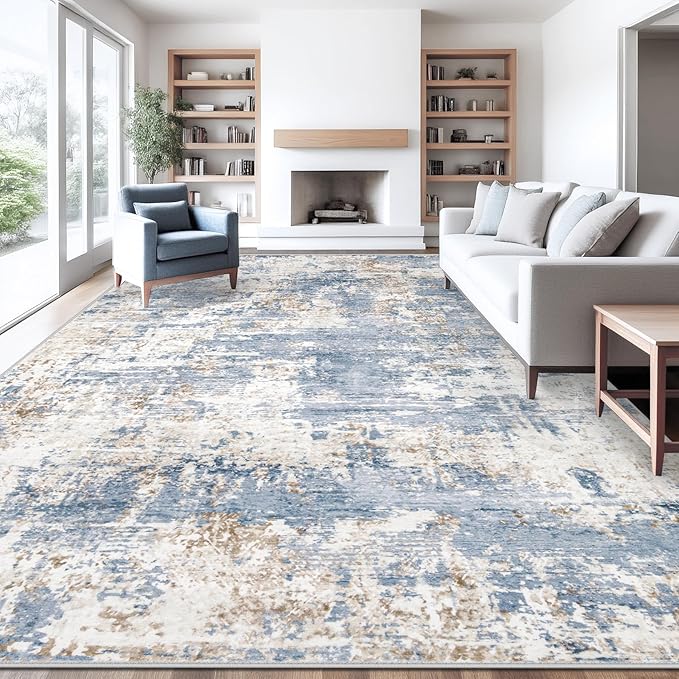 XLUEZ 10x12 Area Rug for Living Room, Washable Modern Abstract Large Area Rug Neutral Soft Non Slip Kids Rug Stain Resistant Indoor Carpet for Bedroom Dining Room Playroom Home Office(Blue, 10'x12')