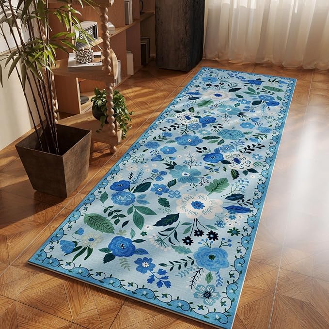 Rugcomf 2x5 Rug Runner - Floral Machine Washable Kitchen Rug, Non-Slip Low Pile Boho Carpet for Hallways, Laundry, Entryway, Bedroom, Bathroom - Black