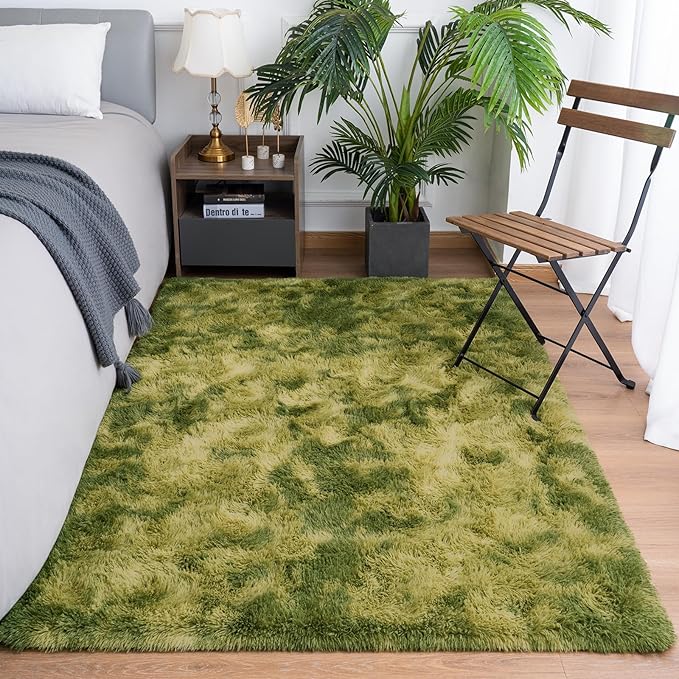 Goideal Fluffy Rug for Bedroom Living Room, 4x6 Green Area Rugs, Faux Fur Shag Modern Carpet Ultra Soft Girls Boys Room Home Decor, Tie-Dyed