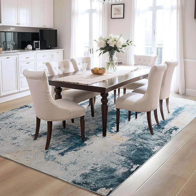 Ompaa Living Room Rug 5x8 Aqua Blue Area Rug Machine Washable Boho Rug Non Slip Abstract Vintage Indoor Large Rugs for Bedroom, Classroom, College Dorm, Farmhouse, Dining Room, Kids Playroom