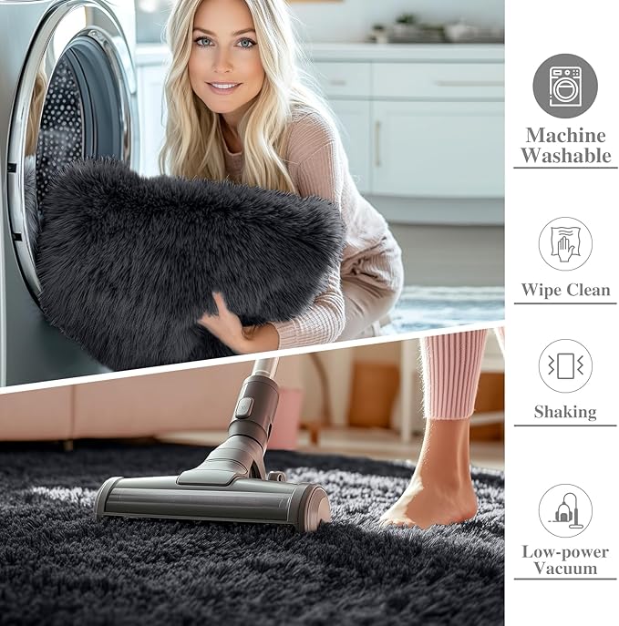 OLANLY Black Round Rugs for Bedroom - Machine Washable, 8 ft Circle Area Rugs for Living Room, Soft and Fluffy Shaggy Carpet for Teen Girls and Boys, Nursery Rooms, Dorms, Home Decor Aesthetic