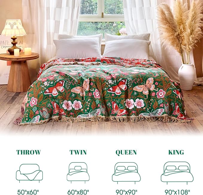 MSGKV Boho Throw Blanket for Bed 60"x80" Butterfly Floral 100% Cotton Couch Blanket Spring Breathable Lightweight Farmhouse Twin Size Blankets for Sofa Home Decor Muslin All Seasons